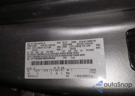 2021 Ford F250 Super Duty z USA, uszkodzony, nr VIN 1FT7W2B67MED66024